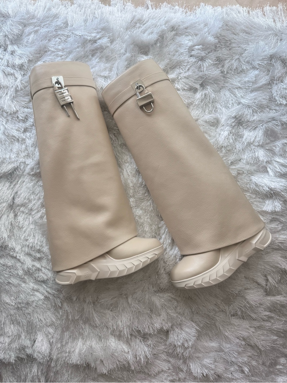 Givenchy Beige BIKER BOOTS Over-the-Knee Leather with Silver Hardware